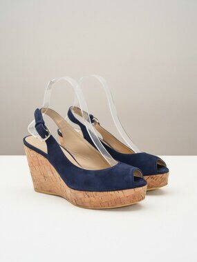 ⚓️ Stuart Weitzman Jean Navy Suede Cork Wedge Heels Kate Middleton Style Size 7